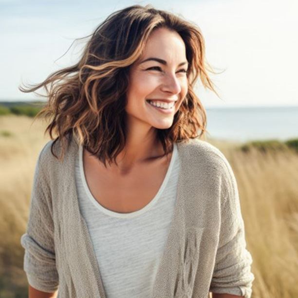 Happy, smiling woman standing outside