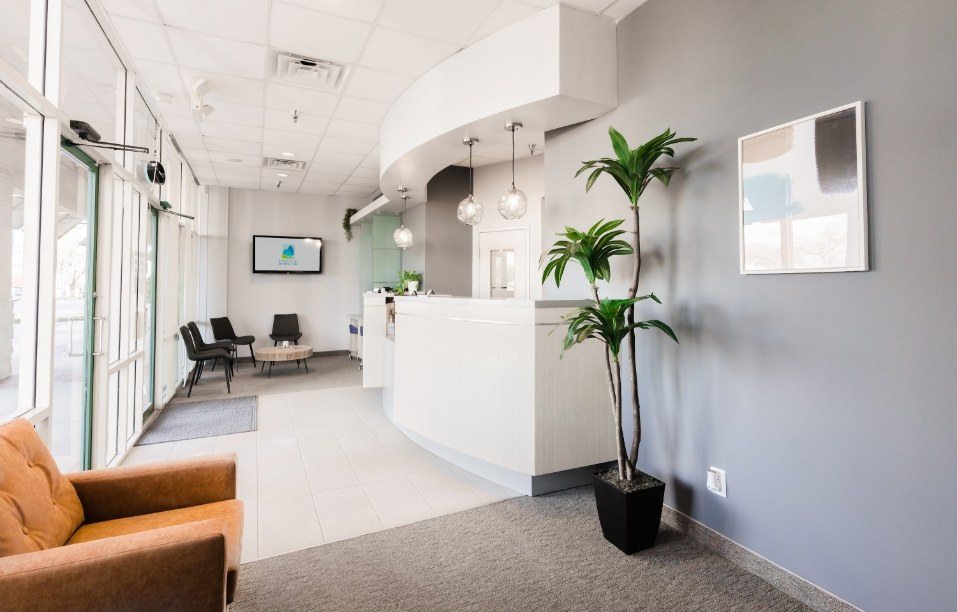 Front doors of dental office waiting room