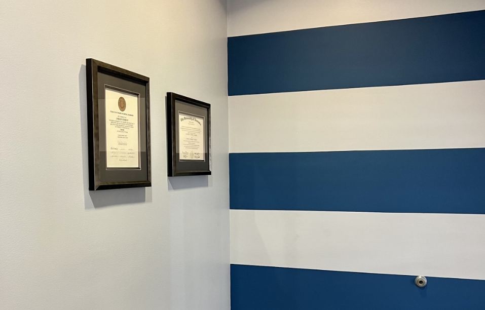 Dentist diplomas on dental office wall