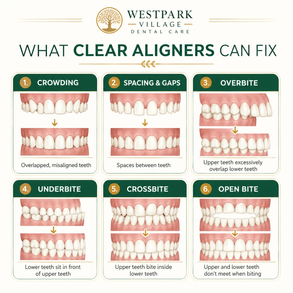 What clear aligners can fix: crowding, spacing and gaps, overbite, underbite, crossbite, and open bite, each shown before and after treatment