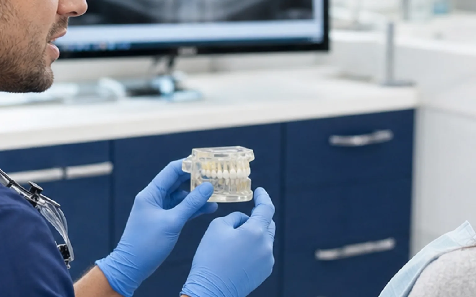 Close-up of tooth next to dental instruments after tooth extraction