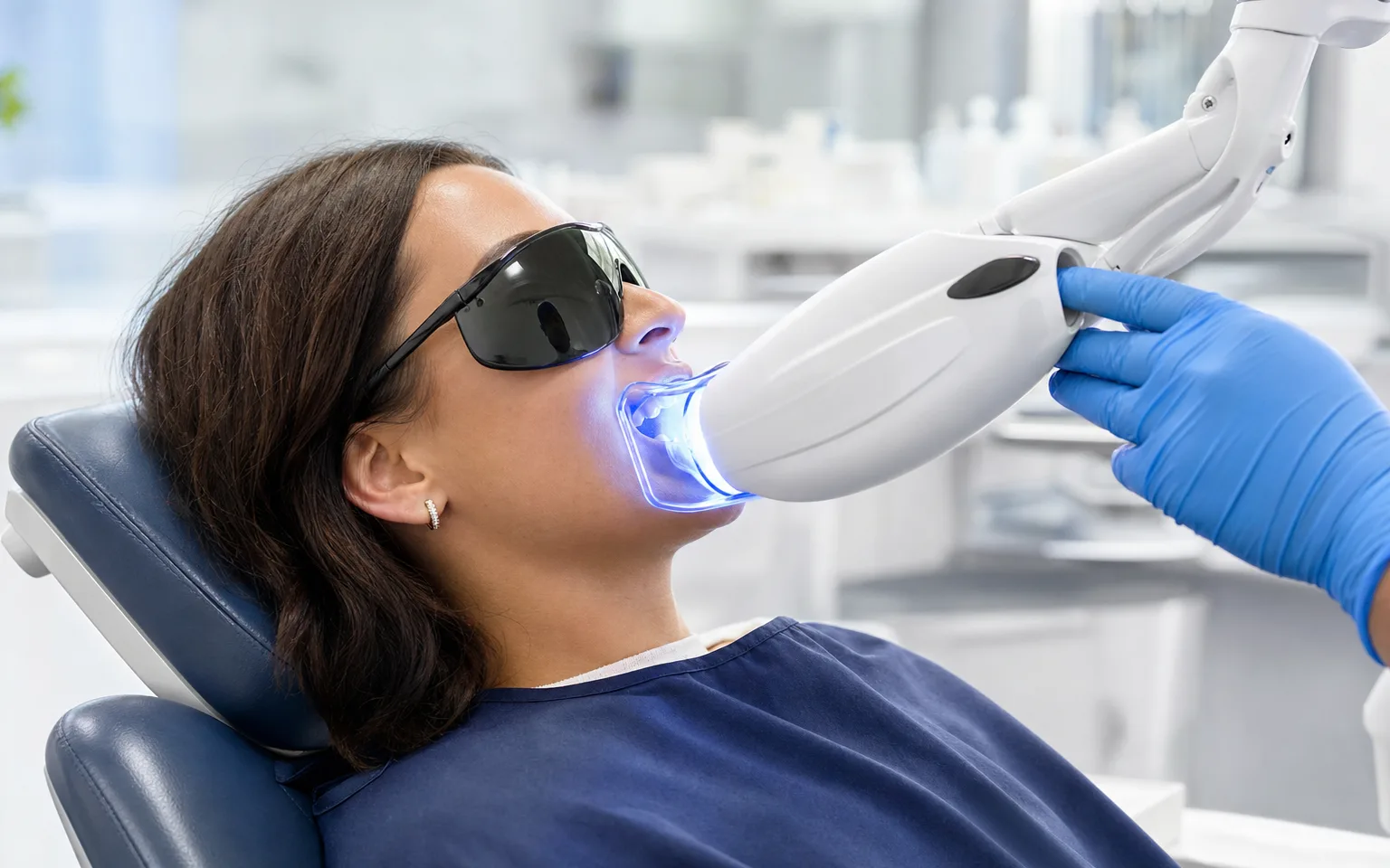Man undergoing in-office teeth whitening treatment