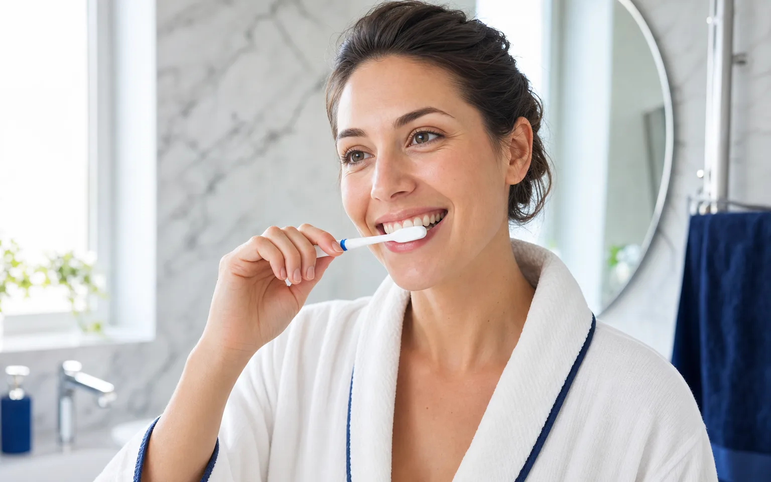 Young woman brushing her teeth in front of bathroom mirror
